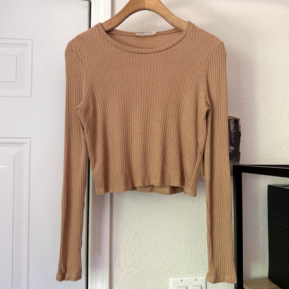 REFORMATION tan rib ribbed tencel modal cropped long sleeve crew neck tee top